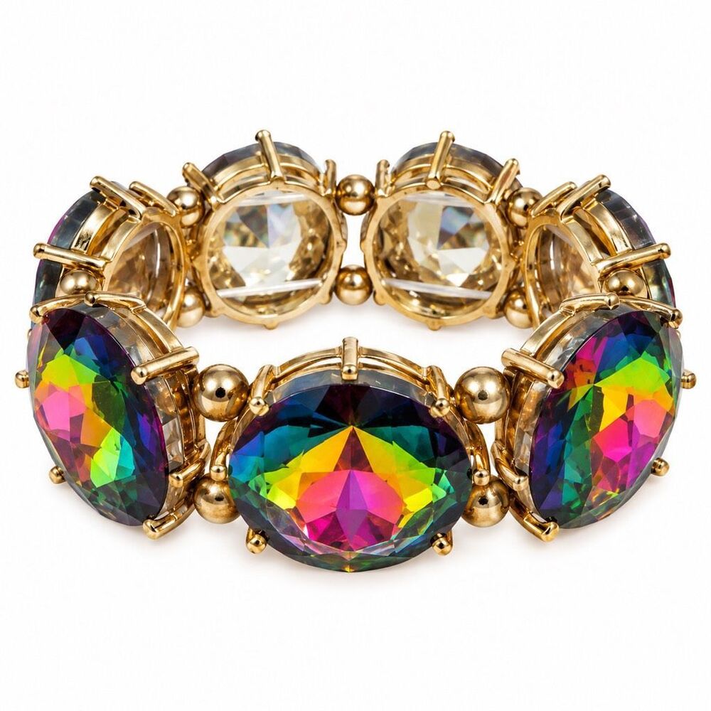 Gold Tone Rainbow Volcano Crystal Faceted Stretch Statement Bracelet